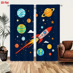 2D Flat 2-Piece Curtain Set, Cartoon Space Rocket & Planets Pattern, Light Filtering Blackout Curtains with Vibrant Stars, Planets, and Cosmic Design for Kids' Home Decoration, Colorful Red Gray Rocket, Room Decor Curtain
