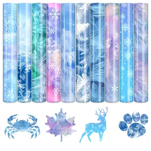 10 Piece Ice Dream Heat Transfer Vinyl Sheets, Snowflake, Ice Pattern, Deer, Maple Leaf Elements, High Quality Easy Operation Film