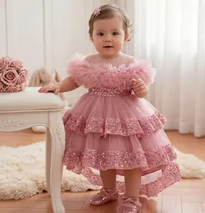 [Yomi Kids] Kids Girls Tulle Ball Gown Gift Shiny Sequins Round Neck High Low Party Dresses for Birthday Wedding Dress