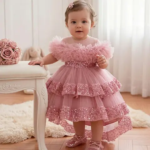 [Yomi Kids] Stylish Baby Girl Sequined Princess Ball Gown - Round Neck, High-Low Lightweight Tulle Dress, Toddler First Birthday Dress for 1st Birthday & Wedding Occasions