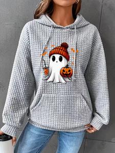 women's cartoon ghost print drop shoulder textured hoodie, fashion casual drawstring pocket hooded sweatshirt for halloween daily holiday outdoor wear, women clothing for fall & winter