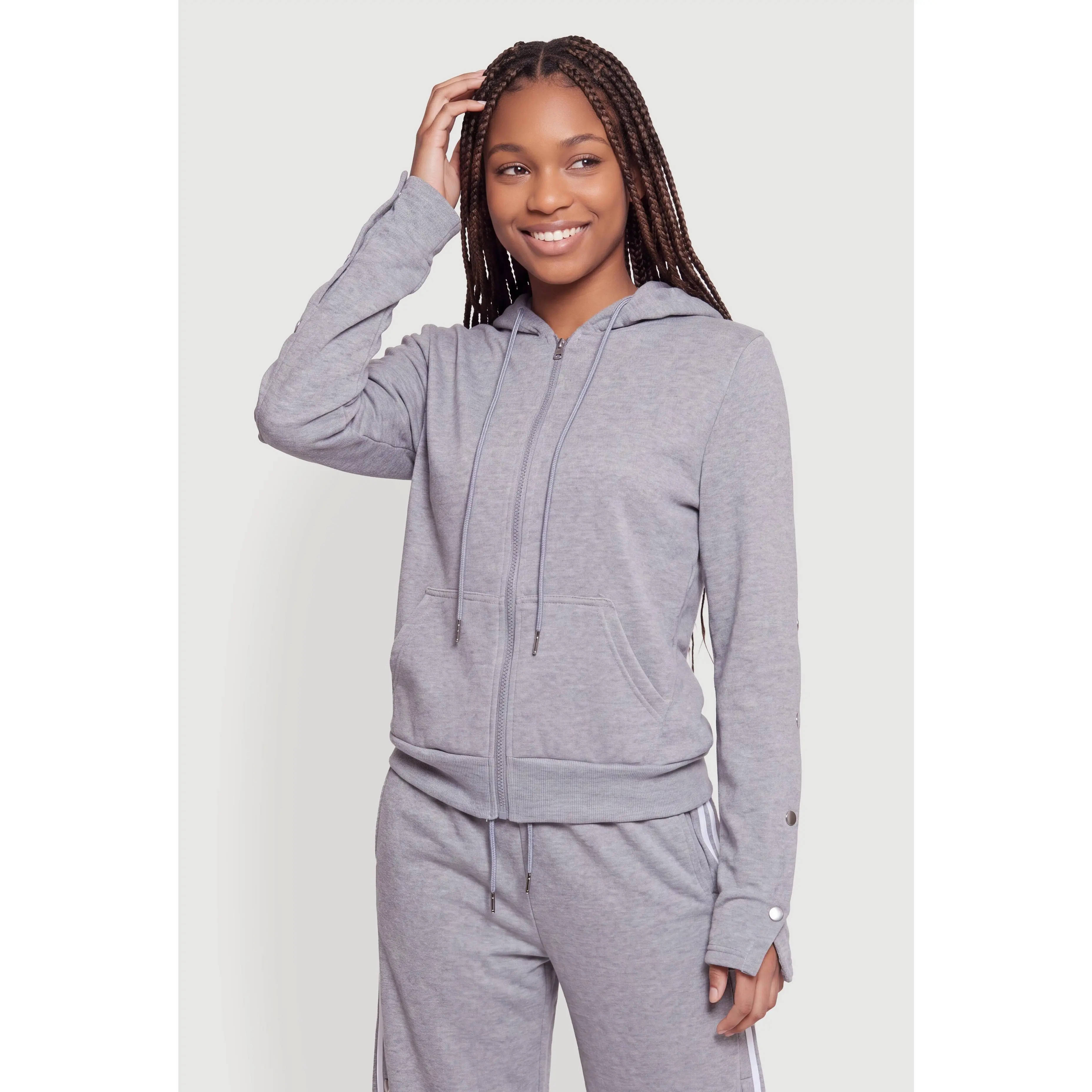 Side Snap Long Sleeve Zip Front Hoodie