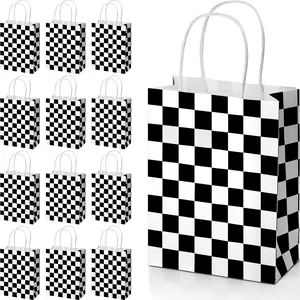 24 count Checkered Race  Bags White Black Checkered Bags Racecar Themed Candy Containers Plaid  Paper Race  Party Favors Shopping Goodies Pouches with Handle for Birthday