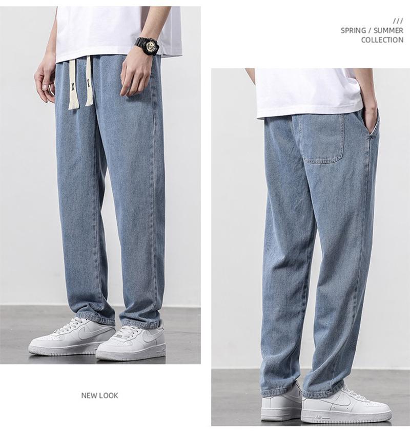 Summer Loose Wide Leg Jeans Pants Men Fashion Drawstring Elasticated Straight Trousers