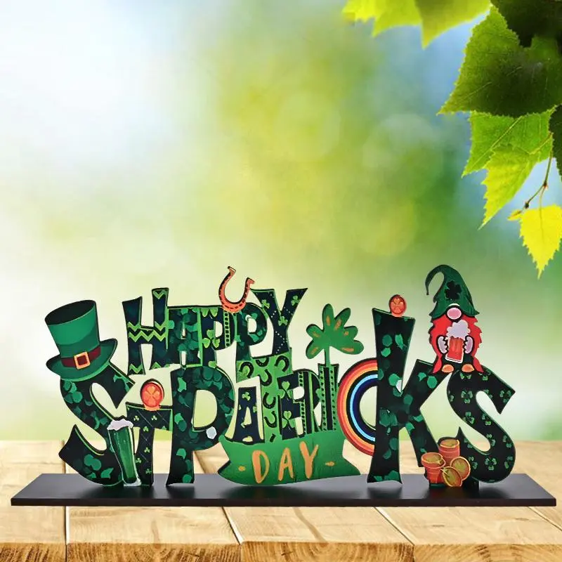 Wooden Happy St. Patrick's Day Sign, 1 Count Leprechauns & Letter Desktop Decoration, Festive Decorations for Home Office School, Ornaments, Desk Signs Ornament
