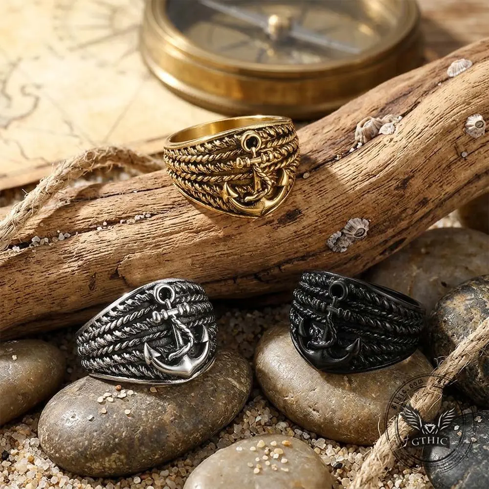GTHIC Vintage Stainless Steel Ring Engraved with Hemp Rope Anchor Pattern Nautical Retro Unisex Jewelry Coastal Travel & Daily Casual Street Outfits
