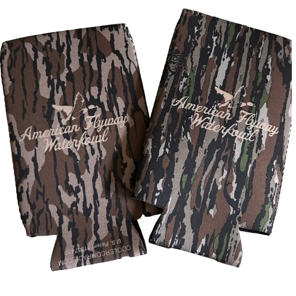 American Flyway Waterfowl AFW Logo Print Camouflage Collapsible Durable Slim Fit Insulated Skinny Can Koozie, Hunting-Fishing Outdoor Drinkware Accessory (Kitchenware)