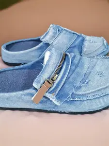 Men 's leisure walking shoes, denim style woven semi-slippers, Slip On Mules