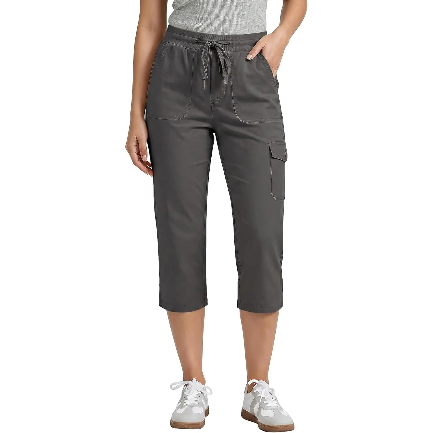 Women's Fitted Cargo Capri Trousers - Casual Cotton Chino Cropped Bottoms with Elastic Drawstring Waist, Pull-On Fit for Summer, Cargo Trousers