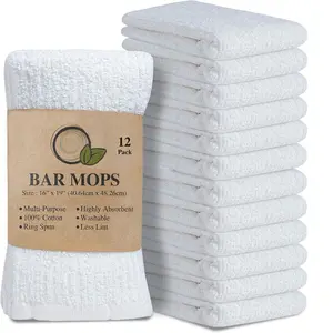Kitchen Towels, Pack of 12 Bar Mop Towels -16x19 Inches -100% Cotton White Super Absorbent Towels, Multi-Purpose for Home and Bar Cleaning (White)