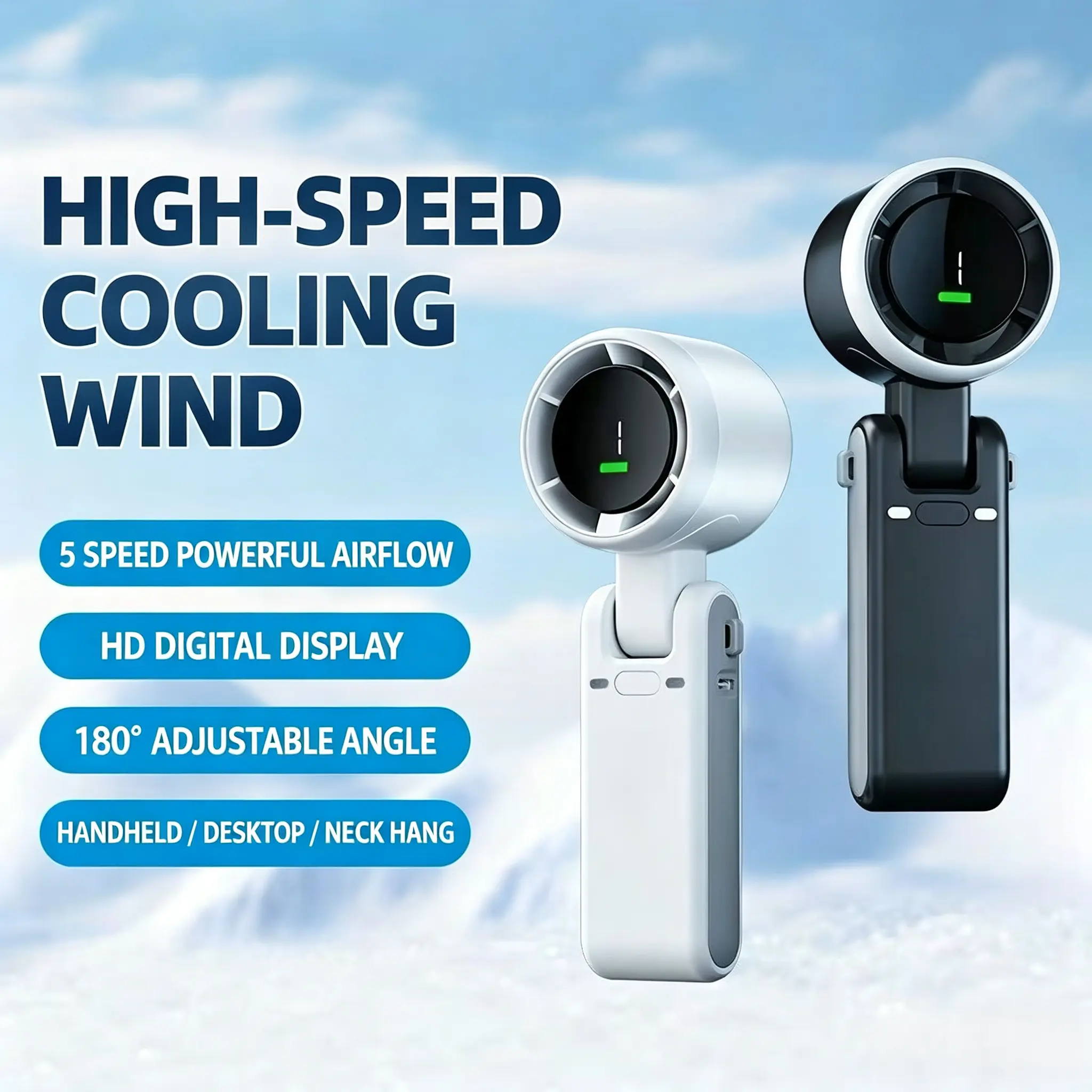 【VH】Foldable Compact Portable Handheld Turbo Ice Cooling Cordless Rechargeable Fan - Built-in Li-ion, 5-Speed Control, 13000 RPM, Up to 10H Cooling for Travel, Camping (Household Appliances, Party Gifts)