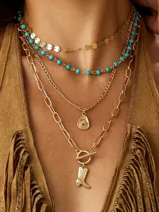 4pcs Boho Turquoise Layered Necklace, Western Style Pendant Chain Jewelry, Fashion Accessory for Women, Daily Party Festival Wear