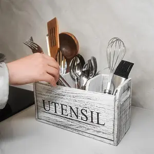 Wooden Kitchen Storage Box with Dividers, Silverware Organizer for Tabletop, No Power Required, Rectangular Design, 3 Compartment