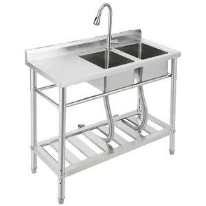Stainless Steel Utility Sink, Freestanding Double Bowl with Cold & Hot Water Pipe, Pull-Out Faucet, NSF Certified, Commercial Kitchen Sink for Restaurant Laundry Room Bathroom