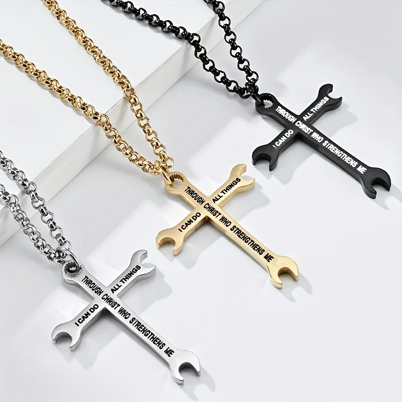 1 304 Stainless Steel Wrench Cross Necklace for Men - Industrial Tool Themed Chain Jewelry with Wrench Pendant, Bold Mechanical Style Gift for Husband, Boyfriend, Son (Birthday, Valentine's Day, Independence Day) Unisex Polished Cross Pendant Necklace