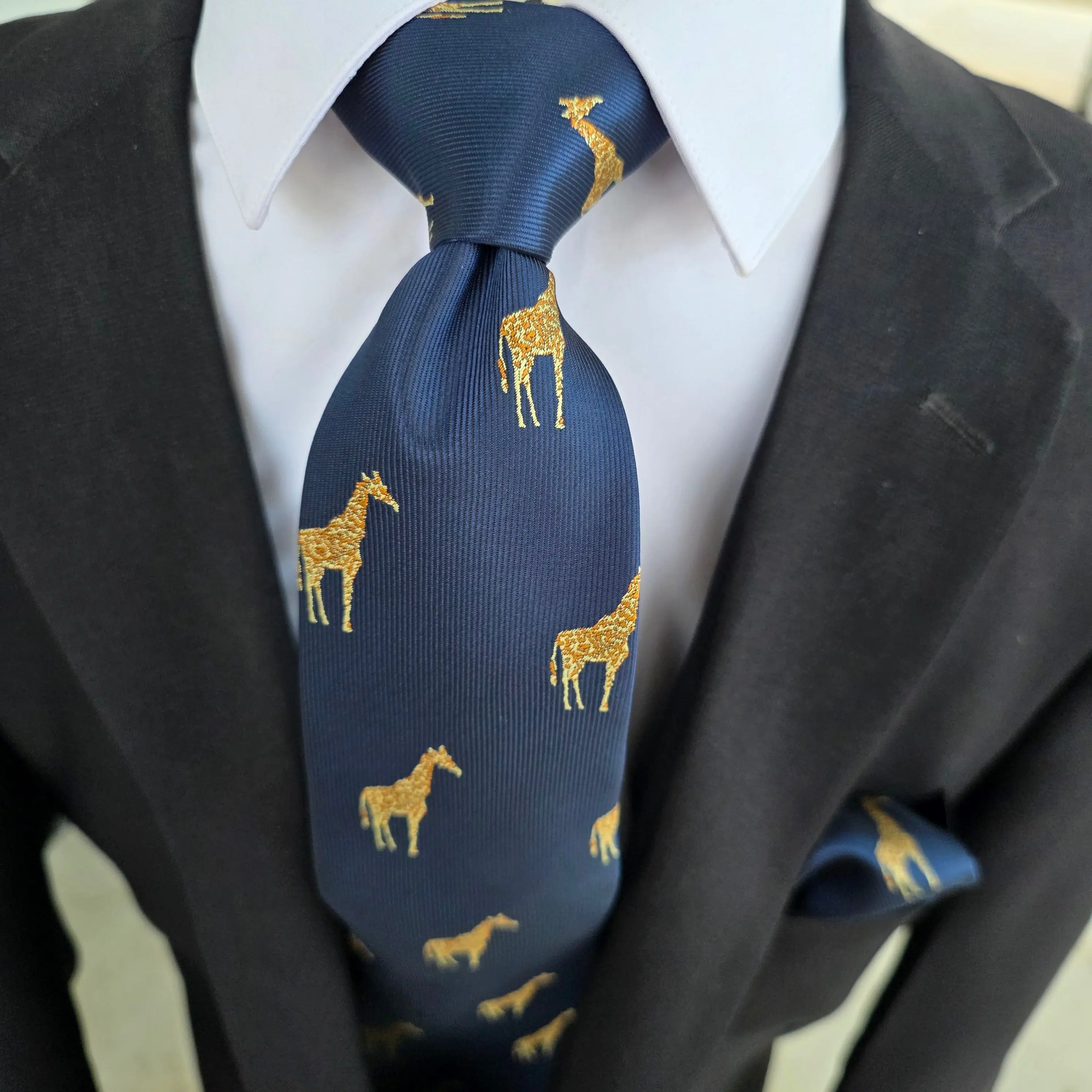 Navy Blue Gold Giraffe Silk Tie Pocket Square Cufflink Set