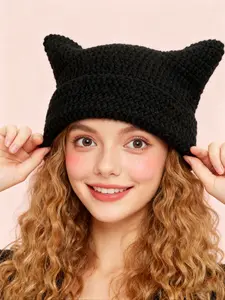 1Pc Women's Knitted Hat New Arrival Fall Winter Striped Cute Ears Warm Pullover Woolen Cap, Stylish & Cozy Accessory for Daily Wear Beanie Knitting Beanie Beanies