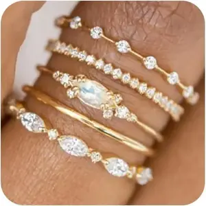 Stackable Gold Ring Set for Women – Dainty 18K Gold Plated Cubic Zirconia, Thin Eternity & Thumb Band Collection