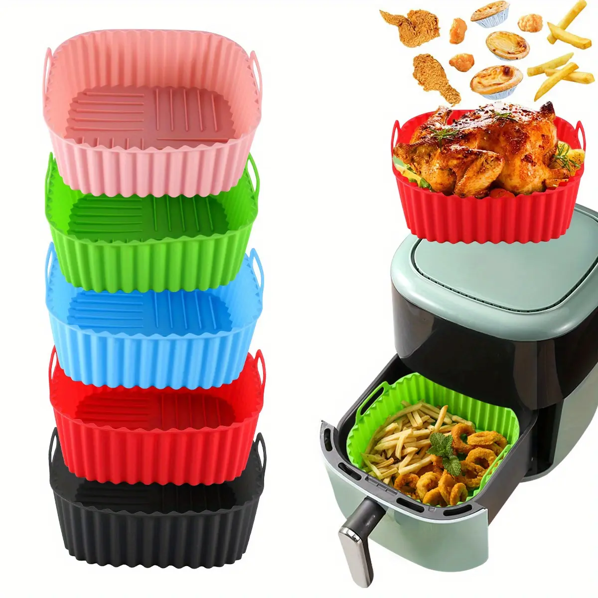 Reusable silicone air fryer liner,8-Inch Square Non-Stick Silicone Air Fryer Liner Baking Mat - Eco-Friendly, Effortless Cleaning, Oven/Microwave Safe, Fits 4-7qt Air Fryers, Kitchenware Accessory for Healthy Cooking