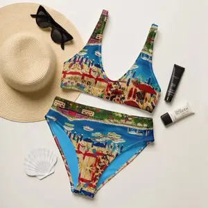 Women Colorful Mediterranean Harbor Town Art Print Bikini Set Loose Comfortable High Waist Swimwear Beach Pool Summer Vacation Sunbathing Festival Two Piece