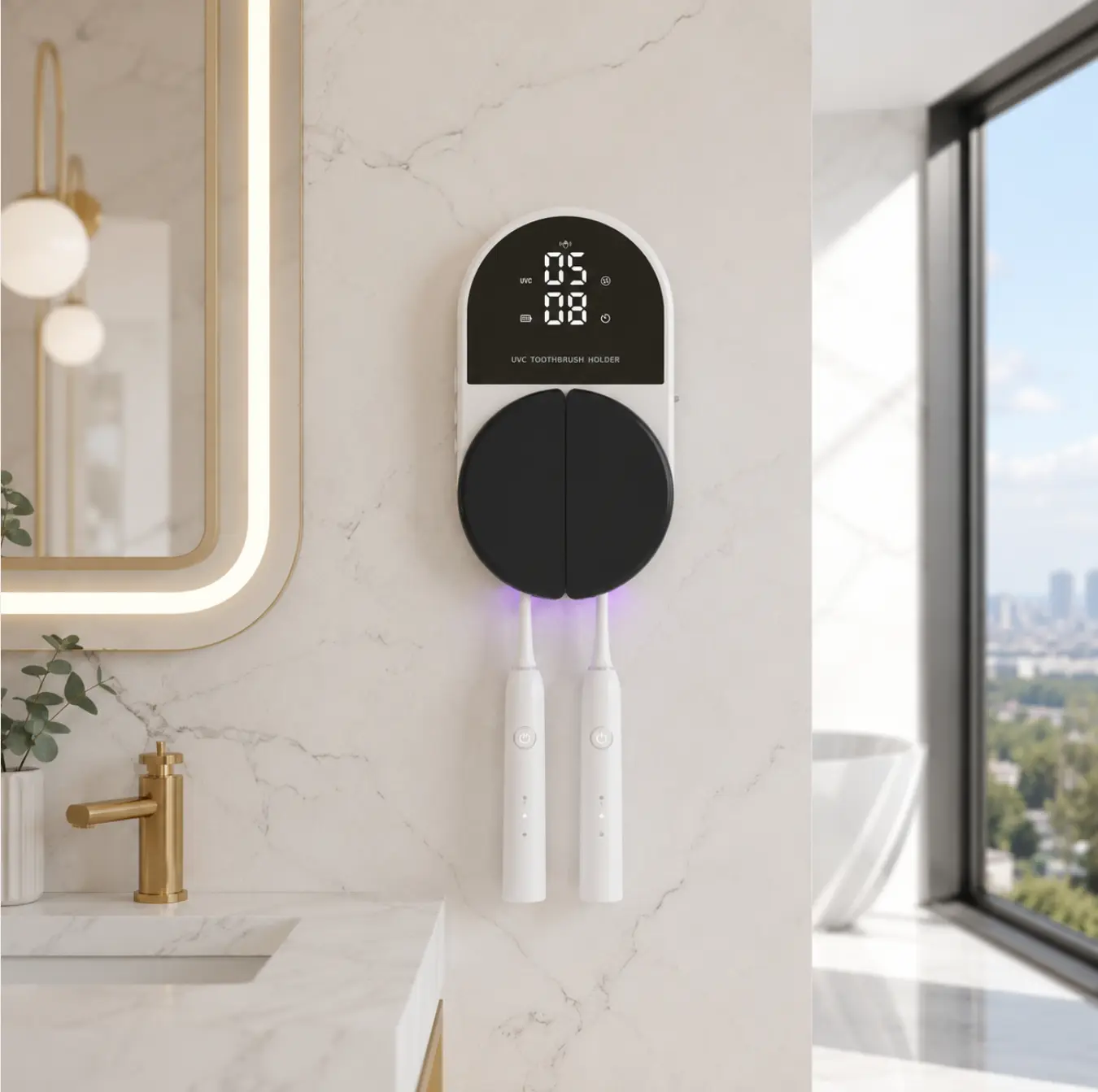 Wall-Mounted Multifunctional Smart UVC Toothbrush Sanitizer and Holder - No-Drill Suction Mount Bathroom Accessory, Digital Display, Drying Function, Modern Decor, Germ Eliminator for Electric Toothbrushes, Space-Saving