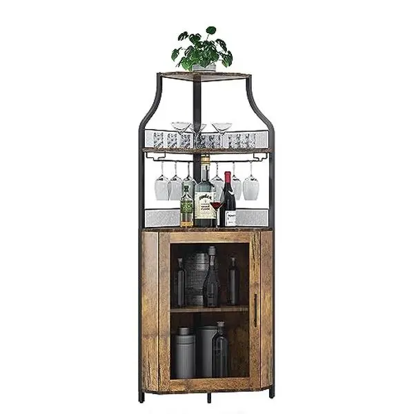Industrial Style Corner Sideboard - Large Capacity, Removable Bottle Holder, Cup Holder, Mesh Door, Buffet for Dining Room or Living Room,Retro