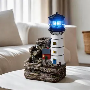 Indoor Tabletop Fountain, Mediterranean Waterfall with Blue LED Light, Relaxing Zen Desk Fountain for Office & Bedroom, Nautical Home Stress Relief Gift