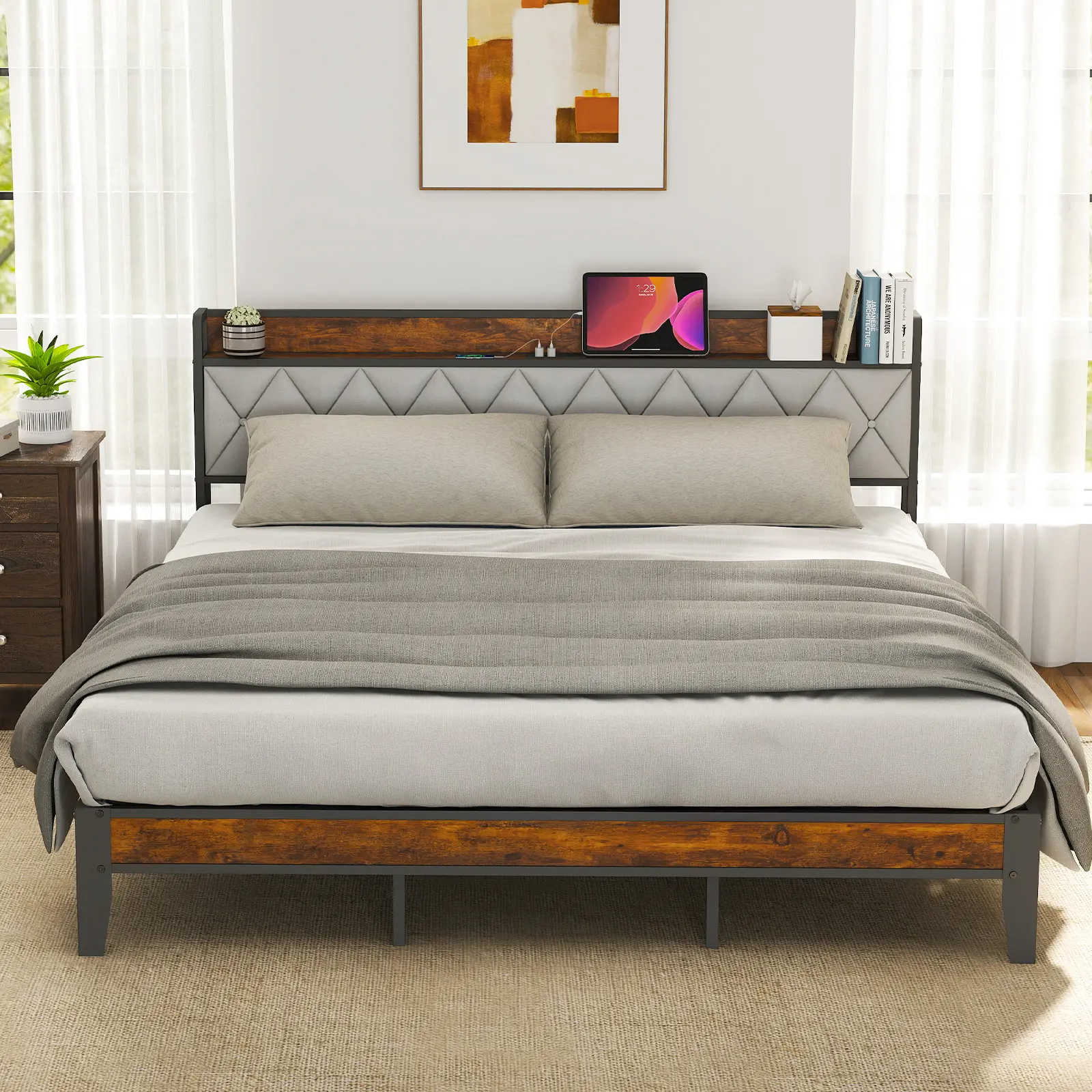 Full Size Contemporary Upholstered Storage Platform Bed Frame with Headboard - Built-in Underbed Storage, Charging Ports, Durable Noiseless Structure, Tool-Free Easy Setup, No Box Spring Needed, Indoor Furniture, Upholstered Bed Frames, Stable Bedroom Fur