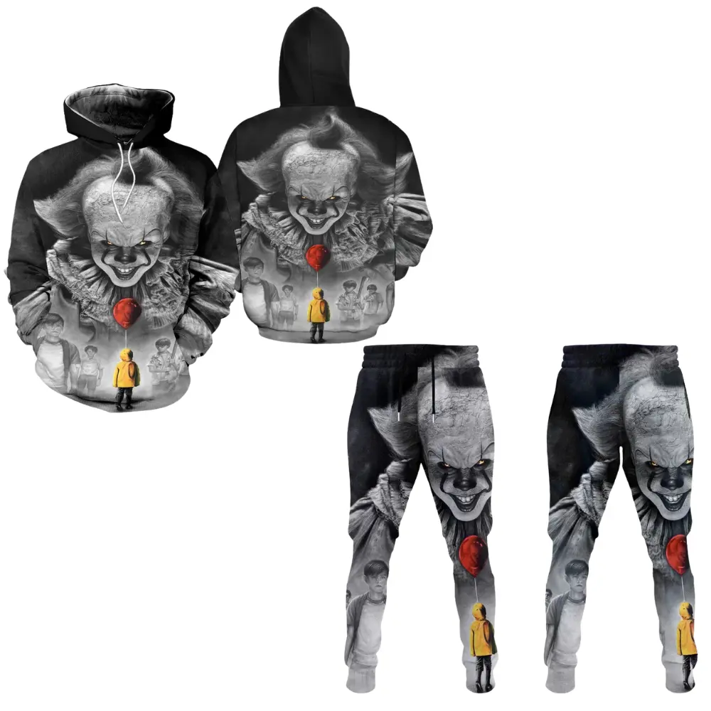Pennywise Hoodie and Sweatpants Set, IT Evil Clown Red Balloon Black and White Halloween Horror Design, Gift for Horror Movie Fans