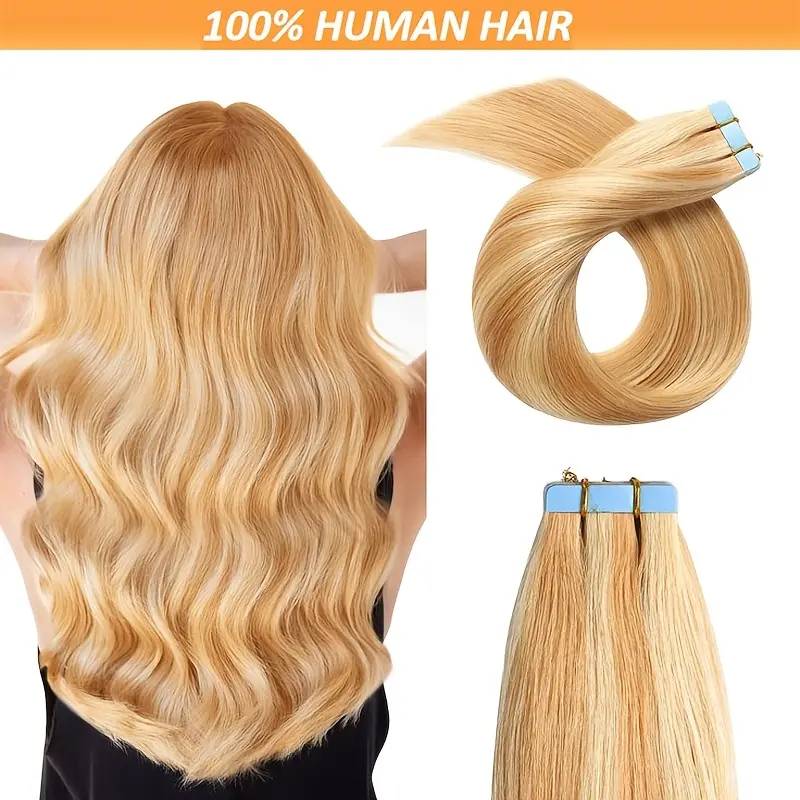 Remy Human Hair Tape-In Extensions, 20pcs Silky Straight Long Hair for Women, Seamless Natural Look, 16-28 Inch, 30g, #27/613 Light Beige Blonde