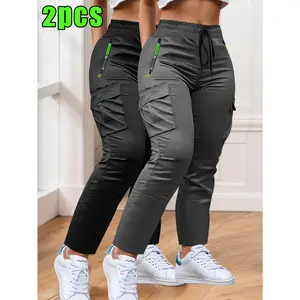 2-Pcs Women's Work Pants - Non-Stretch Full-Length Trousers, Adjustable Drawstring Waist for Gym/Outdoor/Daily Wear