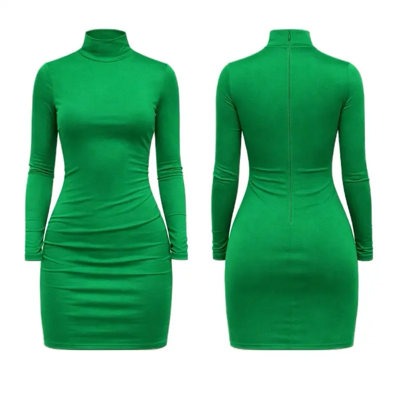 Celtic Green Satin Evening Courtside Dress - Long Sleeve Turtleneck Bodycon Mini Dress for Women