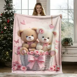 Cute Teddy Bear Flannel Throw Blanket, Soft Cozy Pink Fleece Blanket for Couch Bed Sofa Travel Camping, Kawaii Bear Print Plush Blanket, Aesthetic Home Decor, Breathable All Season Blanket, Birthday Christmas Valentine’s Day Gift