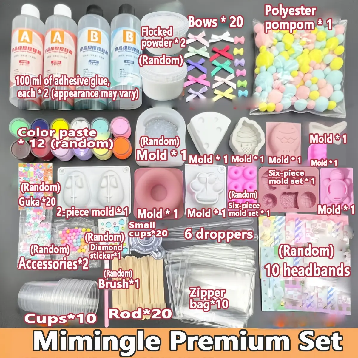DIY Squishy Making Kit — Food-Grade Silicone AB Glue, 10+ Molds, 12 Color Pastes, Flocking Powder, Bows, Pompoms & 100+ Accessories, Complete Craft Set