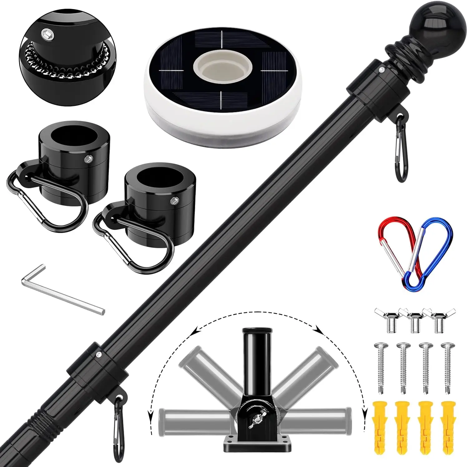 6FT Flag Pole with Solar Light - 180 Adjustable Bracket, Stainless Steel Flag Poles for Outside House, Garden or Yard, Tangle Free Flagpole Kit for  Flag (Without Flag, Black)