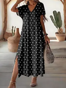 Women’s Plus Size Polka Dot Maxi Dress, Lightweight V-Neck Short Sleeve Loose-Fit Summer Dress with Side Slit for Casual Everyday Wear