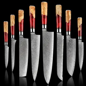 67-Layer VG10 Japanese Damascus Steel 8-Piece Knife Set – Red Resin Handle