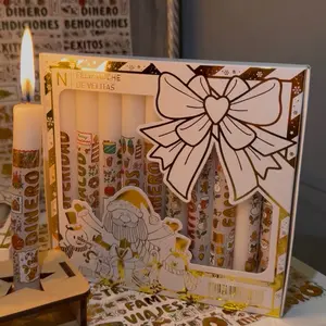 Velas Colombianas kit 10 velas,  10 sticker dorado/verde de deseos, Tradición de Diciembre para Colombianos migrantes en USA