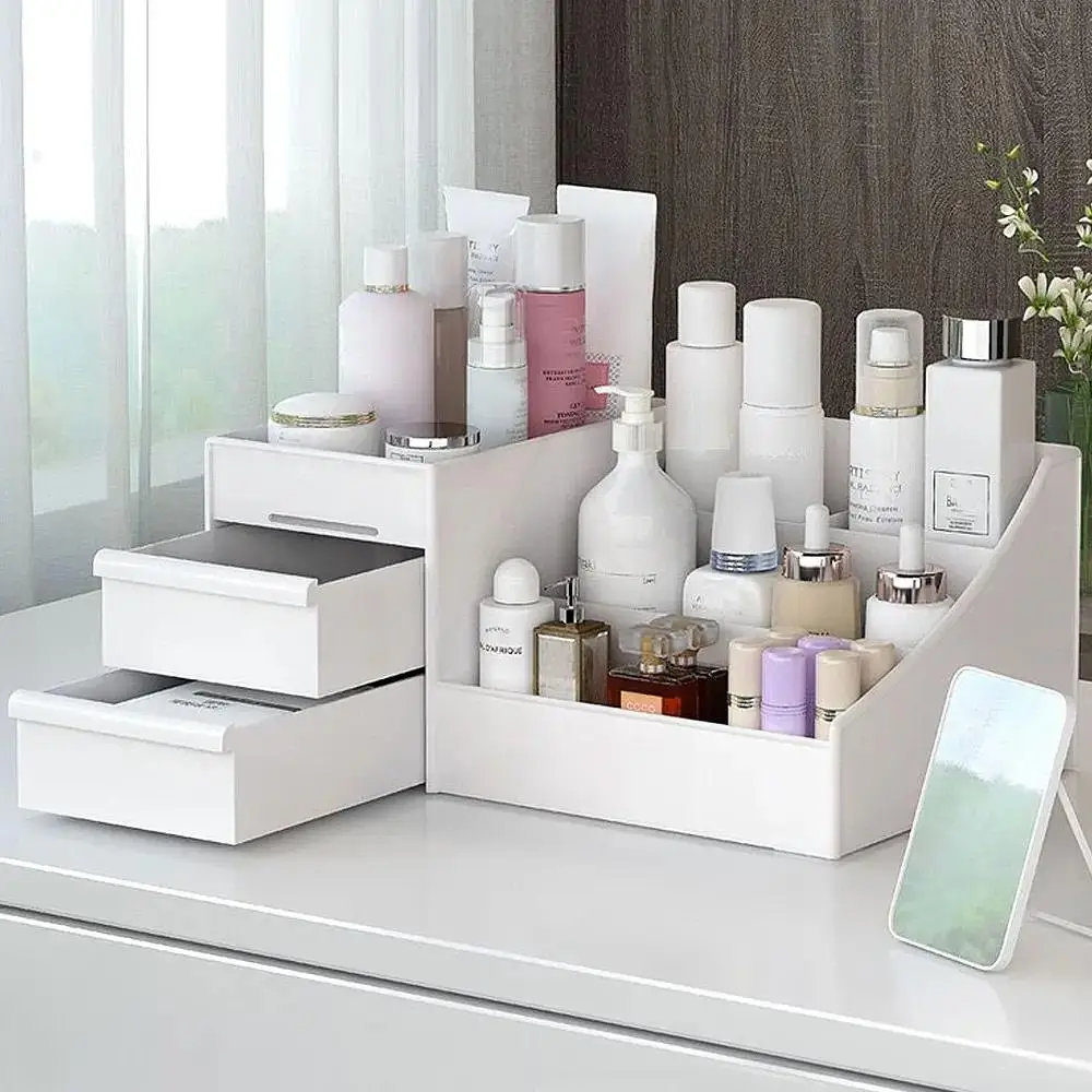 Cosmetic Storage Box, 1 Count Multi-grid Makeup Organizer with Drawer, Desktop Cosmetic Storage Box, Desk Accessories, Summer Gift Ideas, Bedroom Acce