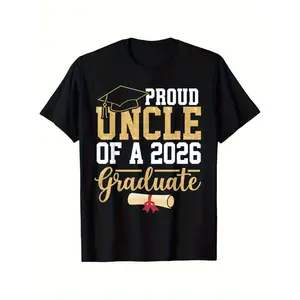 Men's Proud Uncle of a 2026 Graduate T-Shirt - Black Crew Neck Casual Tee with Golden & White Graduation Cap & Diploma Design, Comfortable Regular Fit, Machine Washable Class of 2026 Gift for Uncles, Family Events & Graduation Parties
