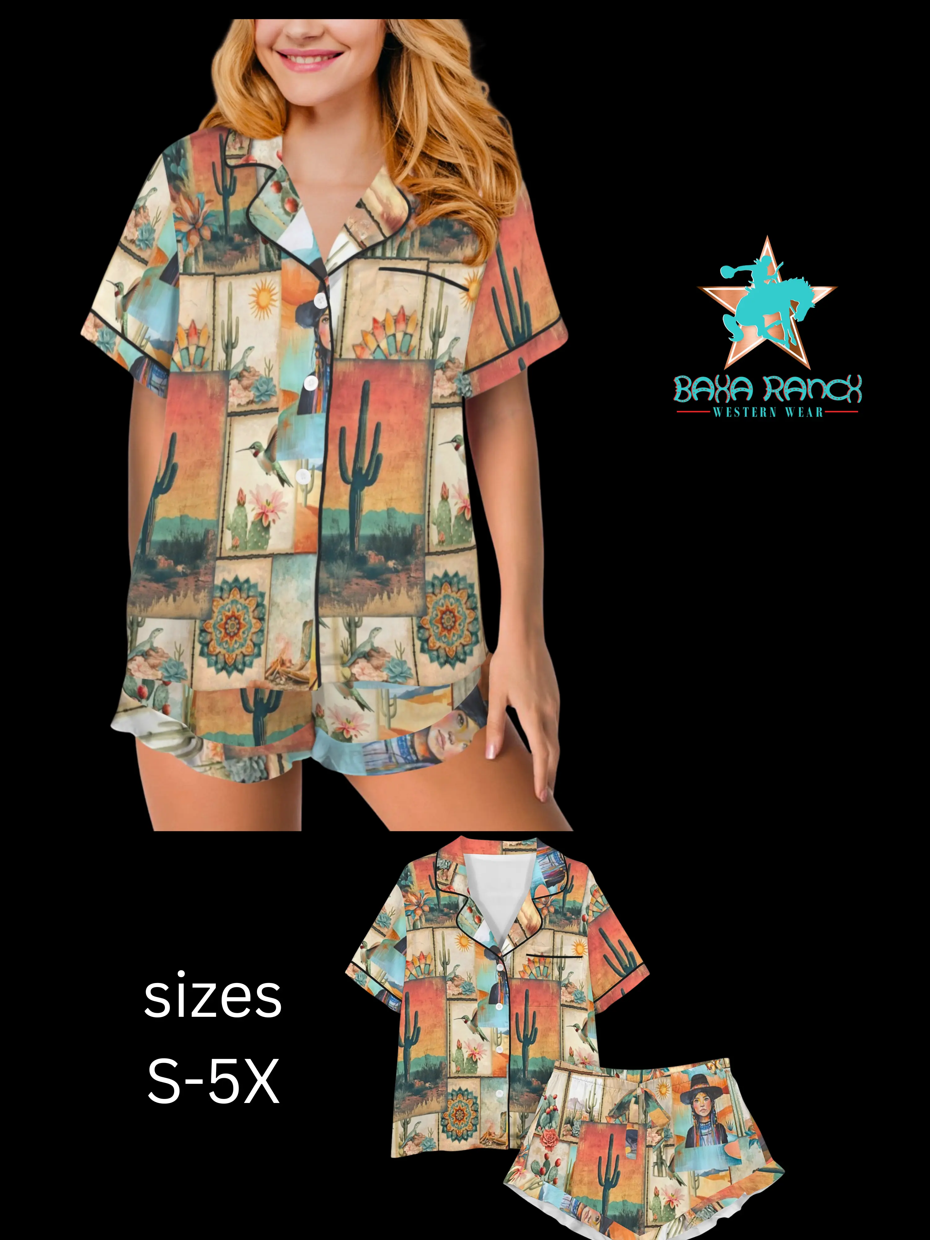 Women's Shiny Satin Pajamas - Baha Ranch Colores de Mexico Southwest Prints, Bridal Nightwear with High Waist & Ruffle Details, Elastic