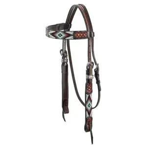 Two Tone Argentina Cow Leather Browband Headstall with Southwest Beaded Inlays