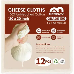 12Pcs Reusable 20x20 Inch 100 Grade Hemmed Cheese Cloths 100% Unbleached Cotton Muslin Strainer for Straining Baking Juicing Cheese Crafts Making