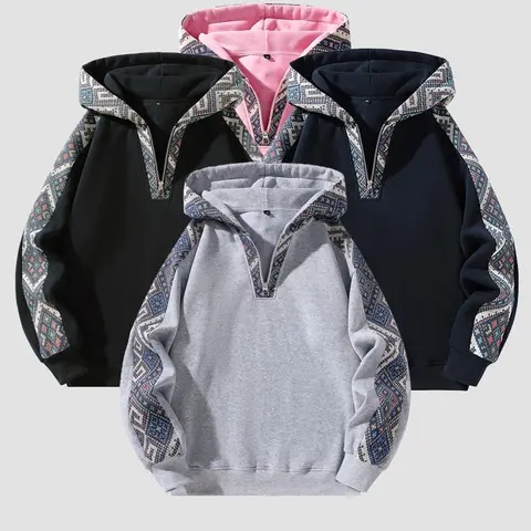 Men's Retro Ethnic Fabric Knitted Half-Zip Hoodie - Warm Thick Slim Fitted Long Sleeve Polyester Pullover, Soft Streetwear Zip-Up Hoodie for Everyday Wear, Mens Fitted Tops Clothing
