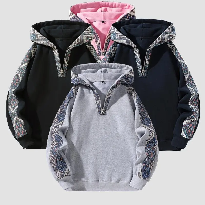 Men's Retro Ethnic Patchwork Hooded Sweatshirt, Warm Thick Knit Fabric Half-Zip Fitted Pullover for Everyday Wear, Fashion, Everyday Tops, Sports, Slim Fit, Mens Clothing, Color-Block Patchwork Men's Hoodies, Hoodies To Buy, Zip Up Hoodie Menswear Cultura