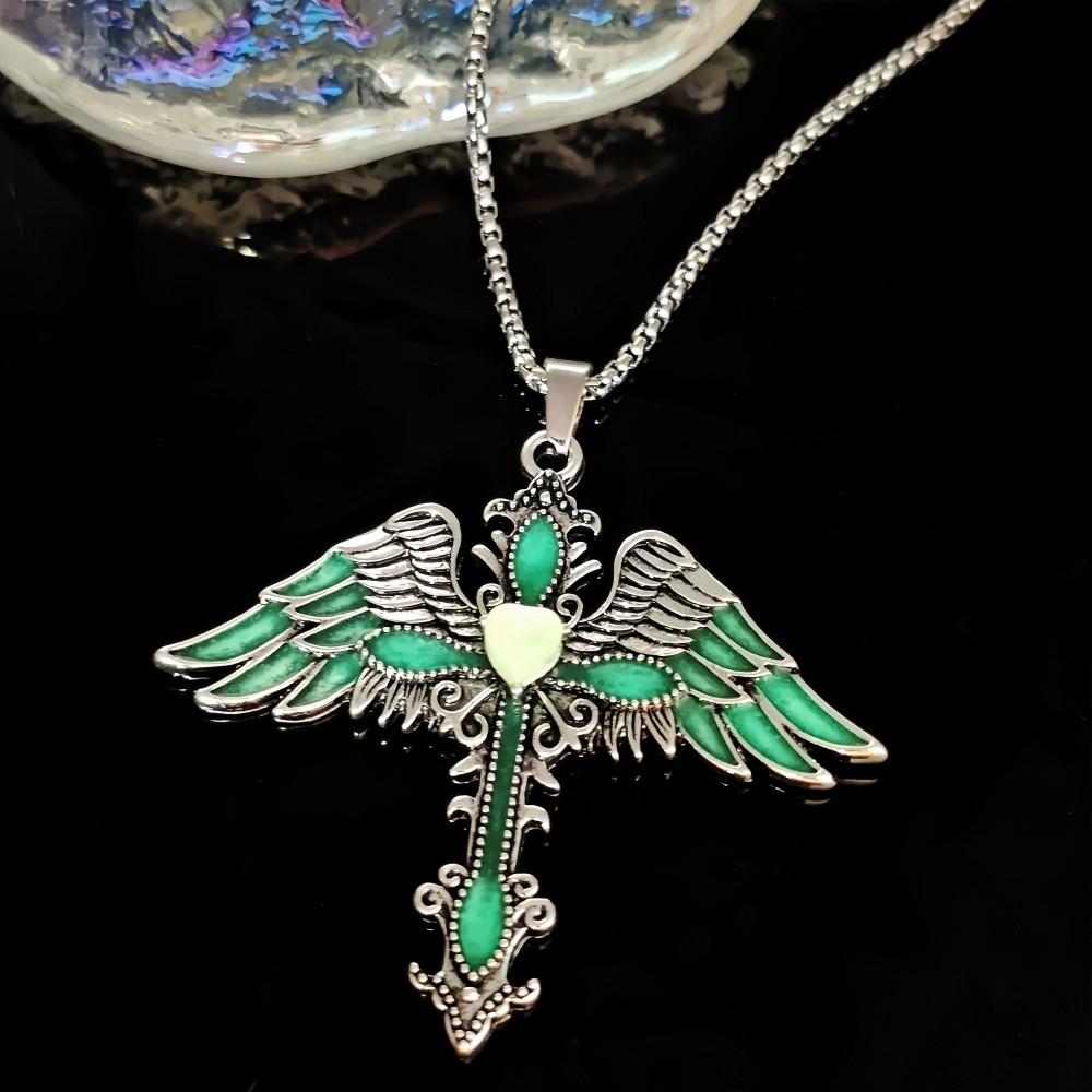 QIMENGLAI Winged Cross Luminous Pendant Necklace, Unique Versatile Eco-Plated Anti-Allergy Titanium Steel Chain, Glow-in-Dark Casual Wear Adjustable Gold Vacuum Birthstone Jewelry for Men Women