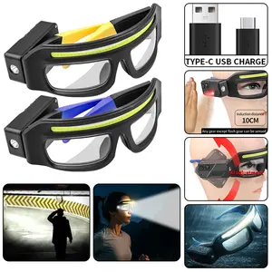 LED Headlamp Smart Sports Glasses with Sports Sensor, USB-C Charging, Ipx4 Waterproof, 3 Lighting Modes, Adjustable Arm, Ideal for Running, Repair, Fishing, Outdoor Tactical Glasses