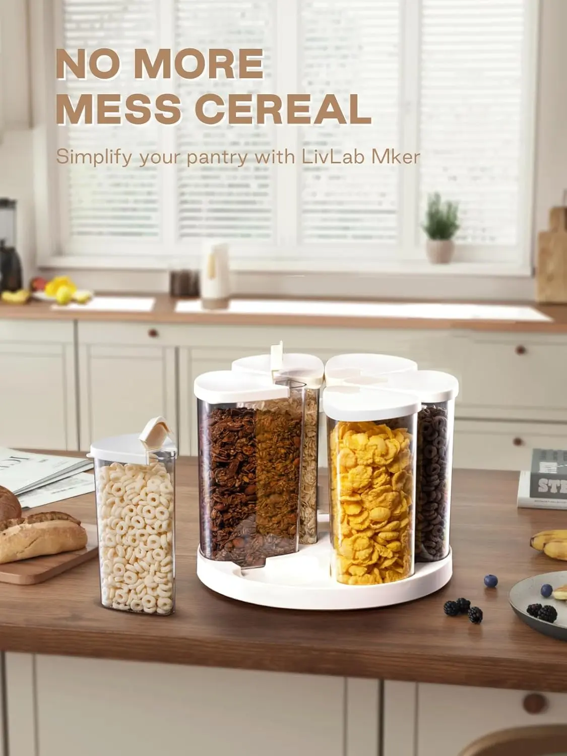 5-10 lbs Rice Dispenser - Rotating Cereal dispenser countertop for Pantry - Small Food Storage Containers with Lids, BPA-Free PET Grain Canister Sets 6 Grids, for Oats, Corn Flakes, flour