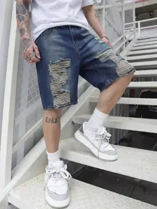 Men's Summer Deep Blue Washed Ripped Denim Shorts, Loose Fit Straight Leg Streetwear Hip Hop Five-Quarter Pants