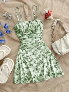 French Vintage Floral Halter Dress, Drawstring Waist Slimming, A-Line Short Dress, Summer Vacation Style, Sexy Girl Dress